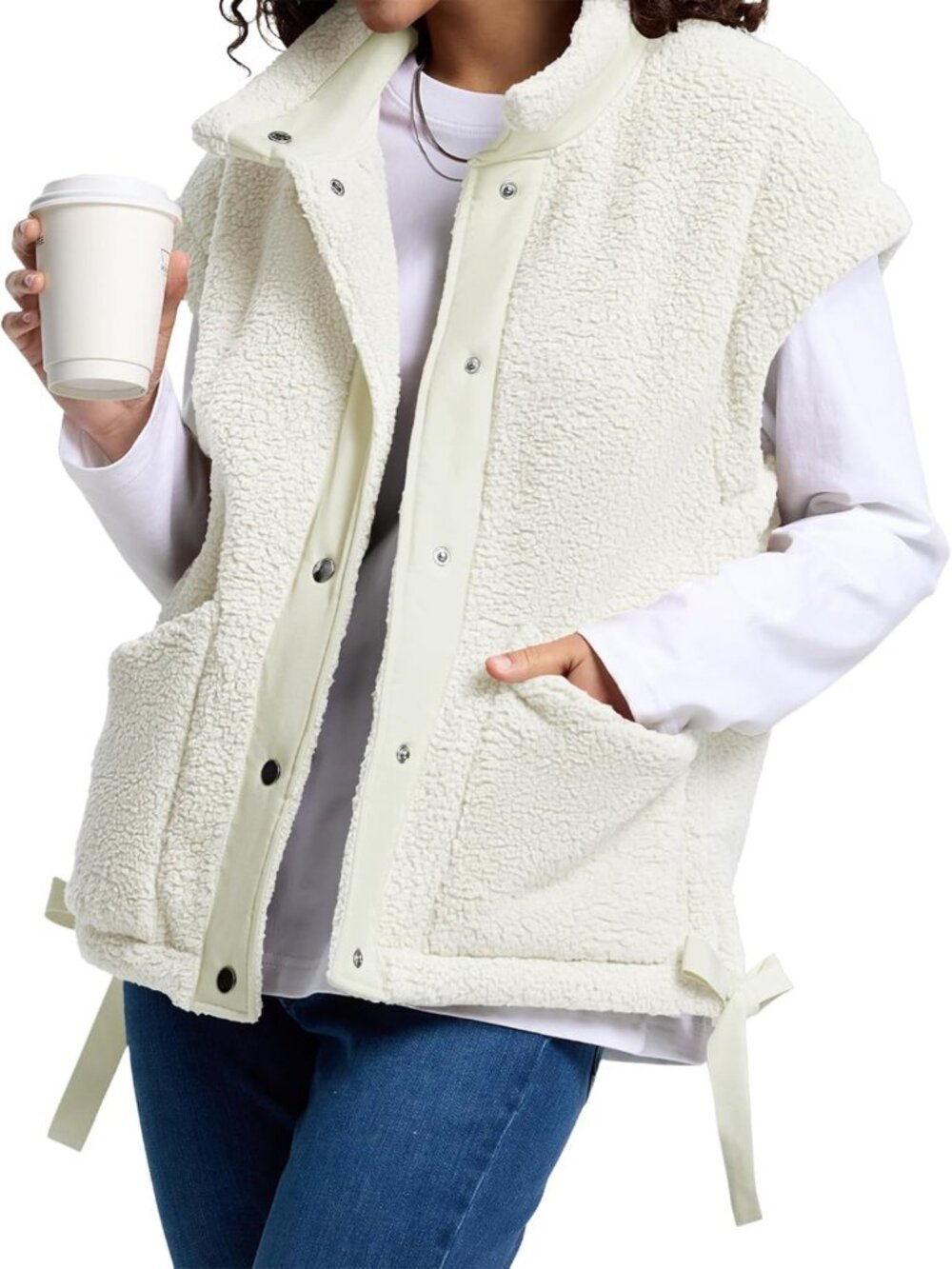 Cozy Fuzzy Fleece Vest for Women | Casual Button Down Cap Sleeve Jacket